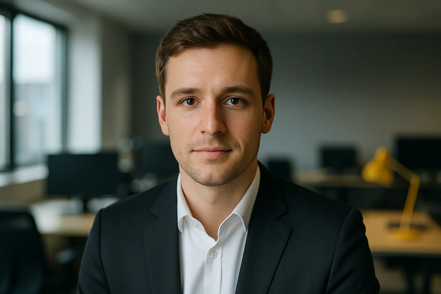 Beispielporträt im Büro mit weichem Bokeh – hintergrundfarbe bewerbungsfoto